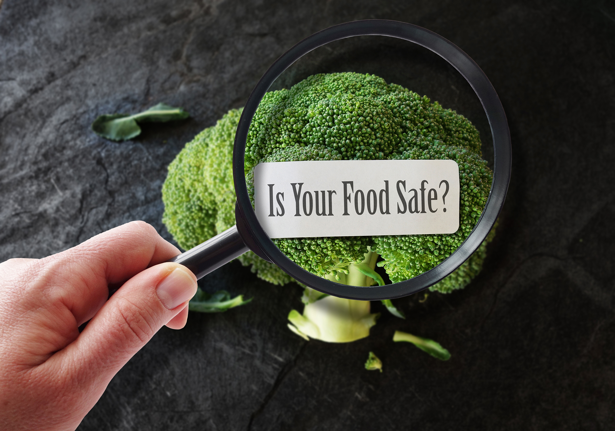Broccoli under magnifying glass with a sign saying “Is your food safe to eat?”