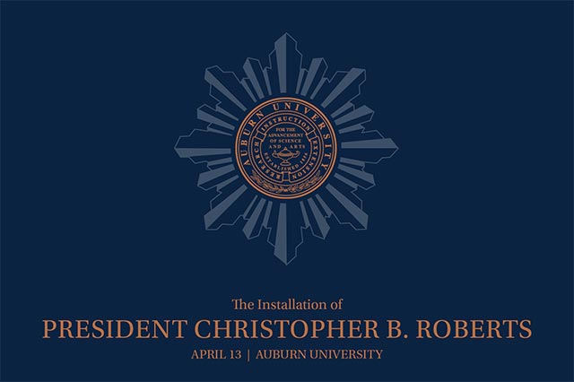 A graphic featuring the Auburn University seal and text about the installation of President Christopher B. Roberts