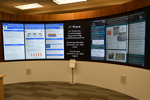 Student research symposium posters viewable on RBD Library Digital Wall