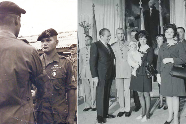 Two black and white photos show Bennie Adkins shaking an officer's hand and James Livingston with his family.