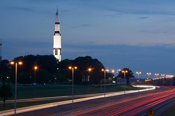 Huntsville, Alabama, skyline with a rocket pictured