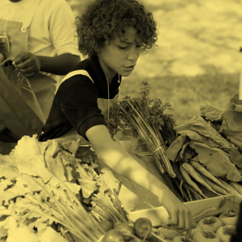 A young person works with fresh produce