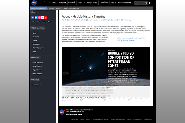 A screen shot of the Hubble History Timeline home page.