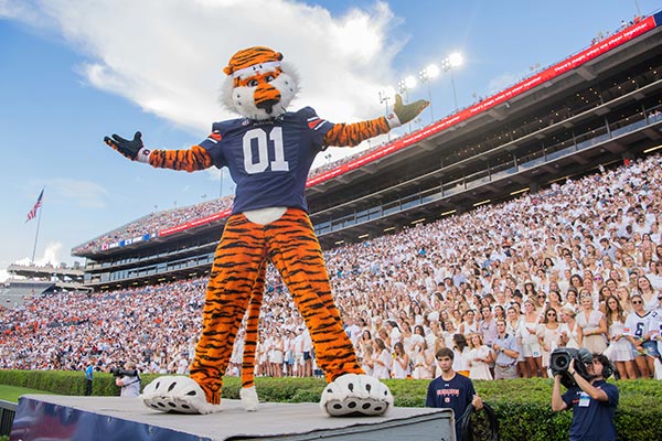 Aubie is pictured before a crowd of students in Jordan-Hare Stadium