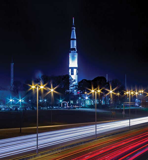 A rocket is seen in Huntsville at night