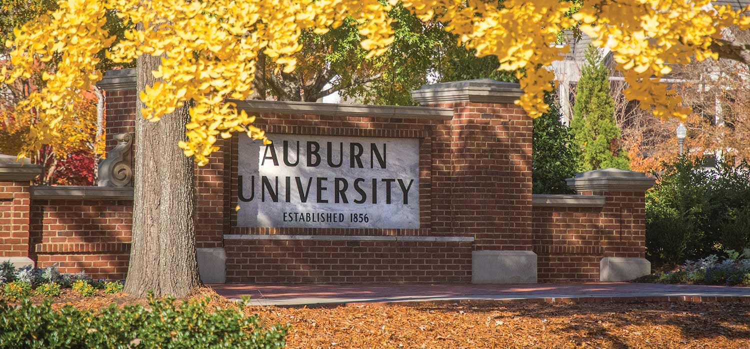 The Auburn University sign in front of Samford Hall