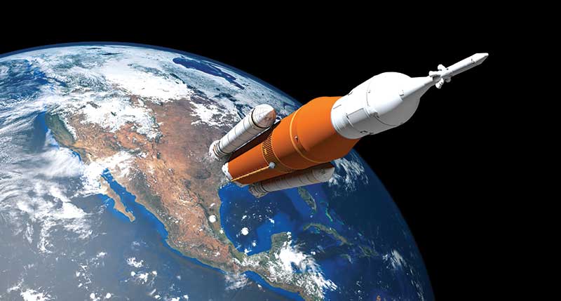 A rocket is shown leaving Earth