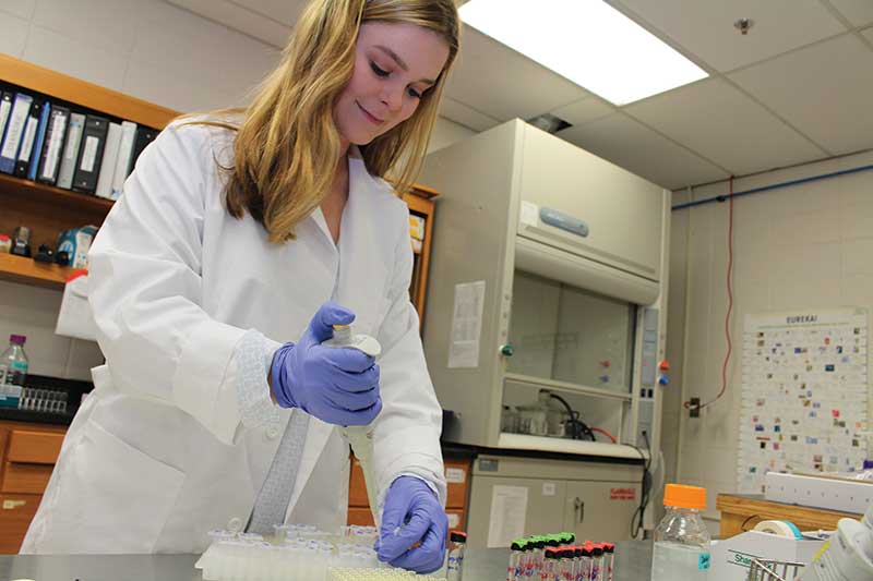 A student works with vials in a lab