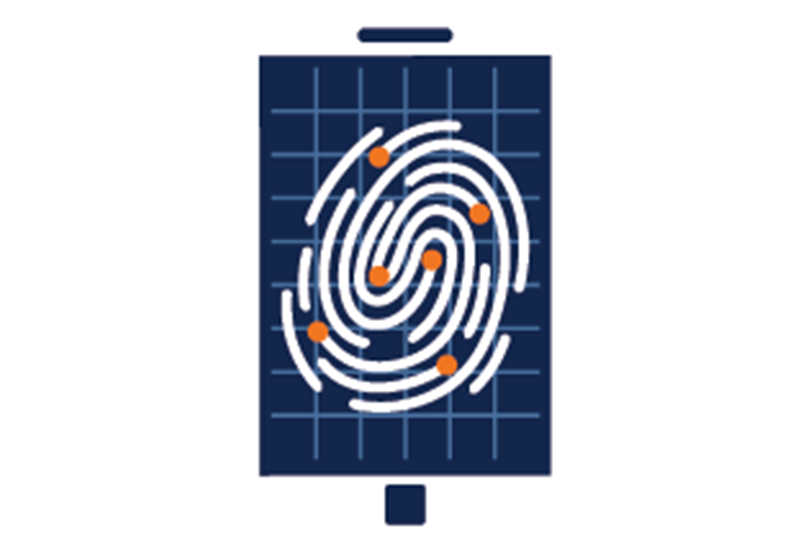 Graphic icon of a smartphone with a finger print on it.